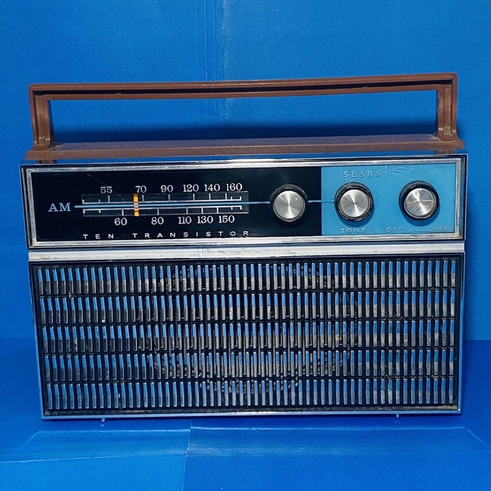 Vtg Sears 6223 Ten Transistor Radio Brown Silver Blue Handheld Battery MCM